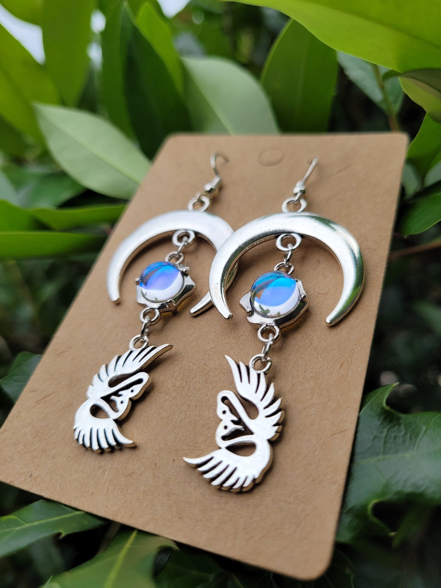 Swans and Crescent Moon Earrings