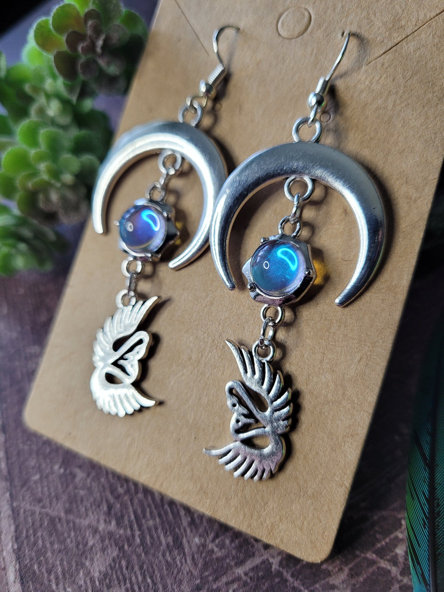 Swans and Crescent Moon Earrings