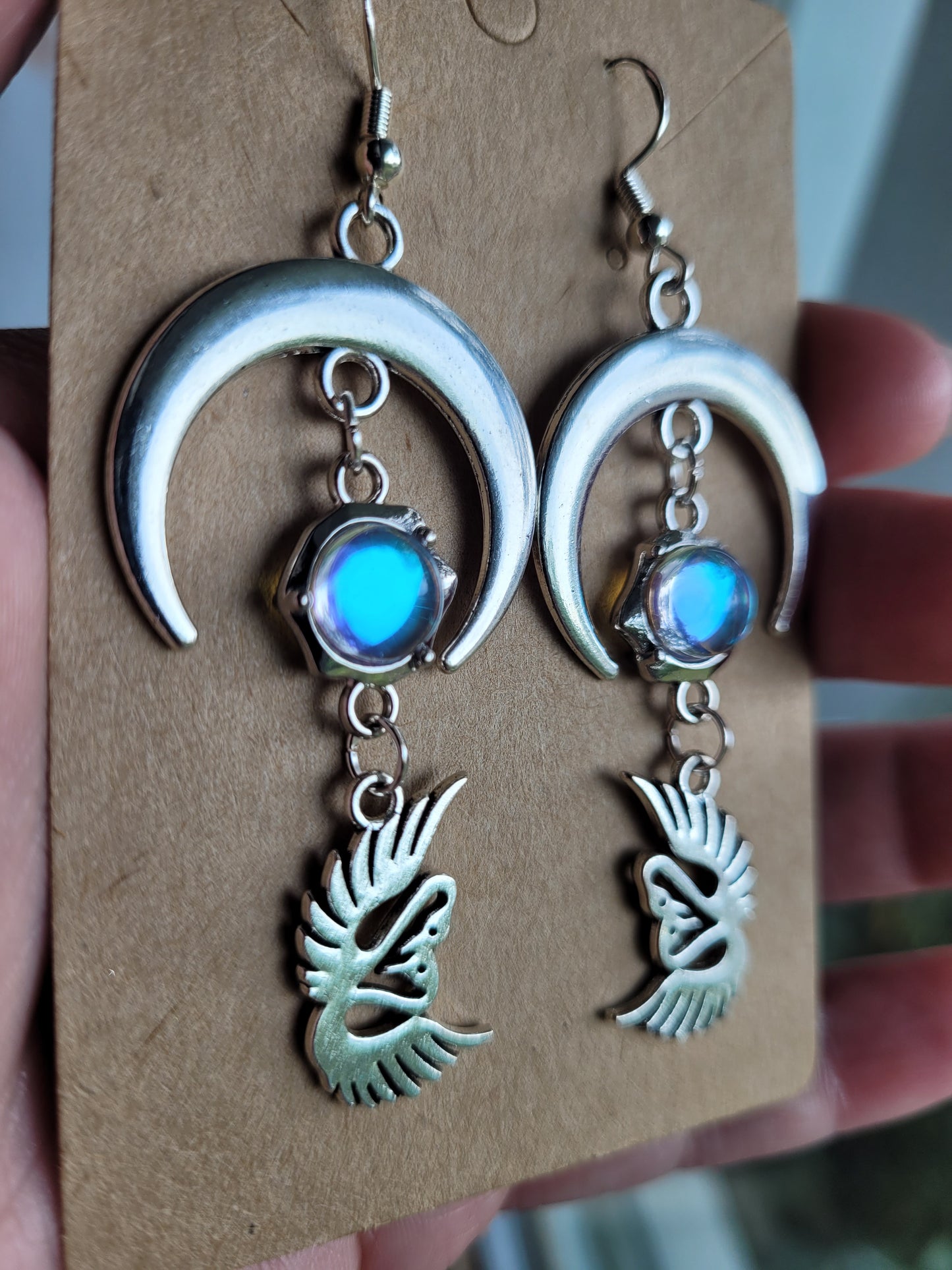 Swans and Crescent Moon Earrings