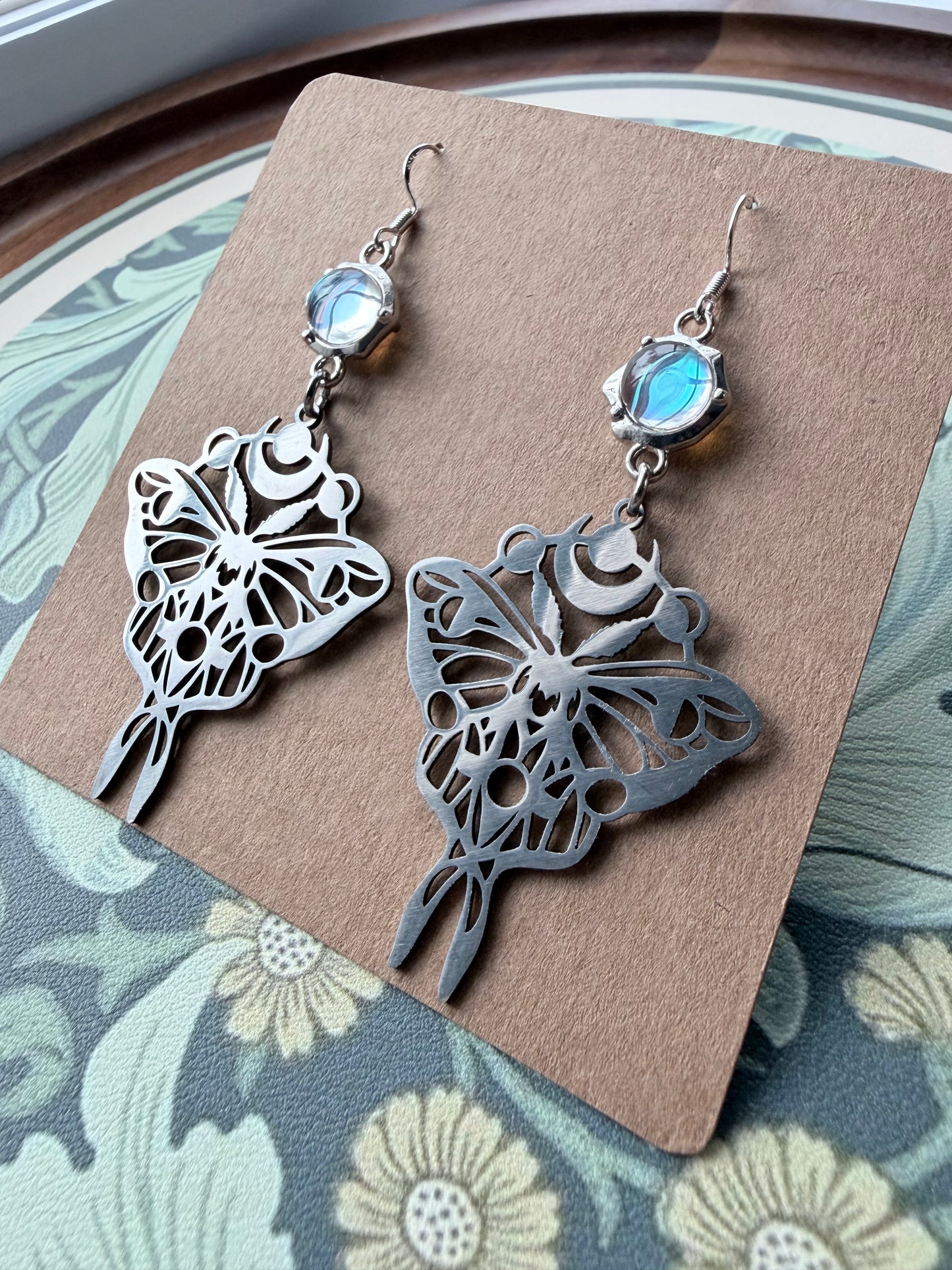 Captured Moonlight | One-of-a-Kind Iridescent Moth Statement Earrings