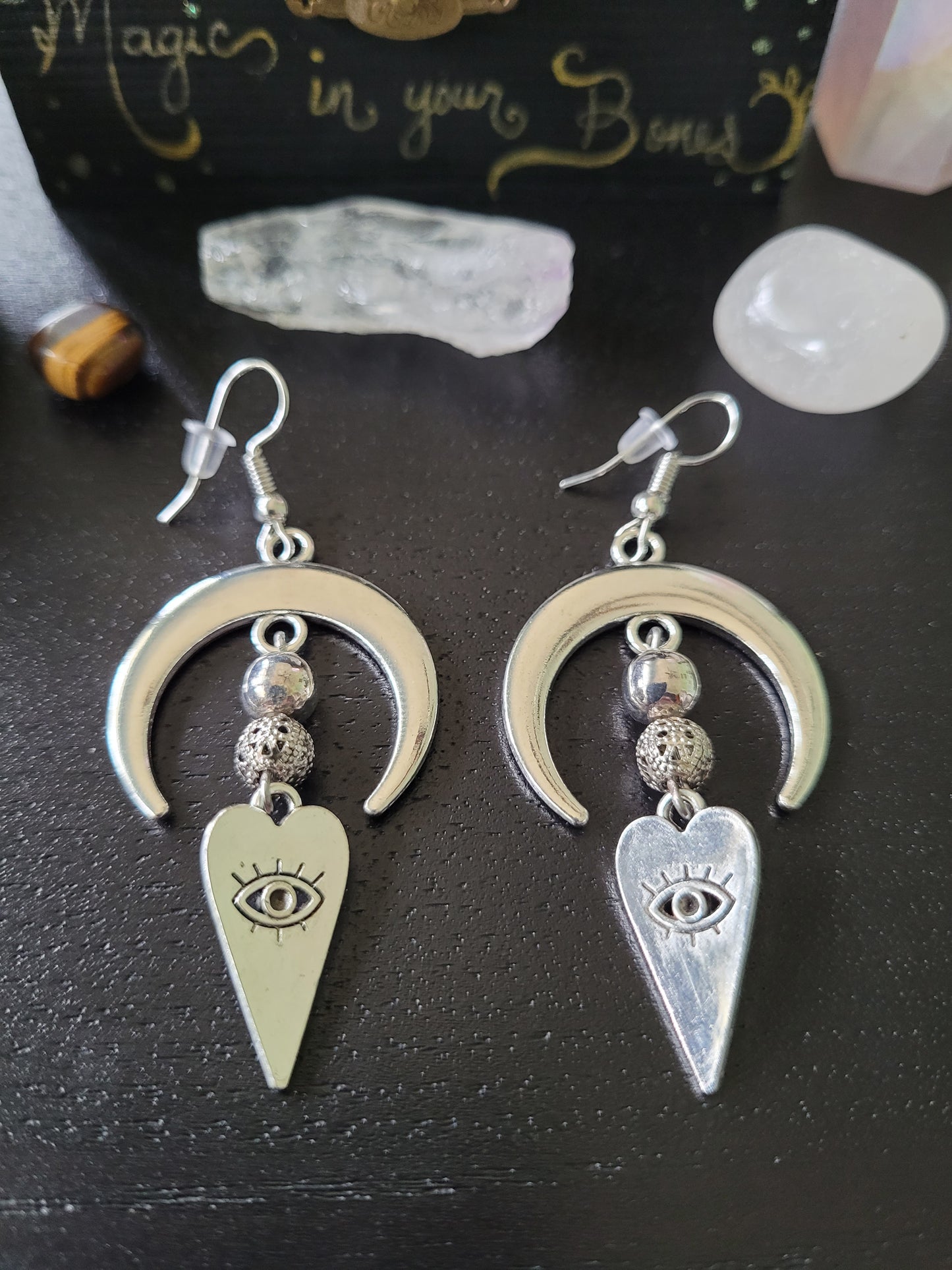 Evil Eye Heart and Moon Earrings