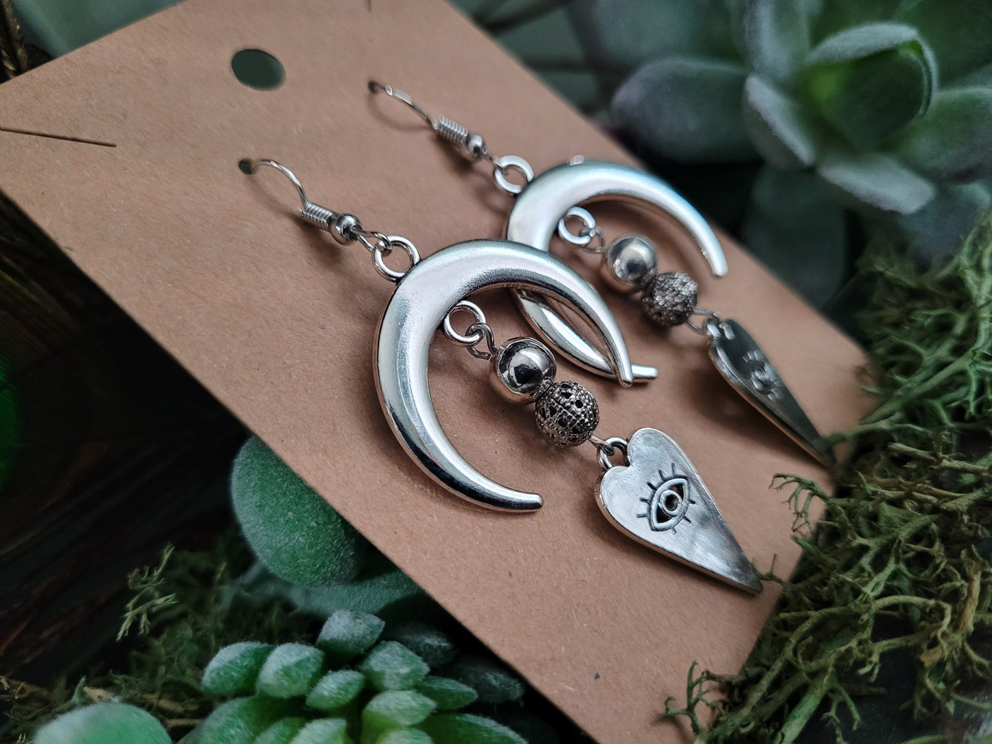 Evil Eye Heart and Moon Earrings