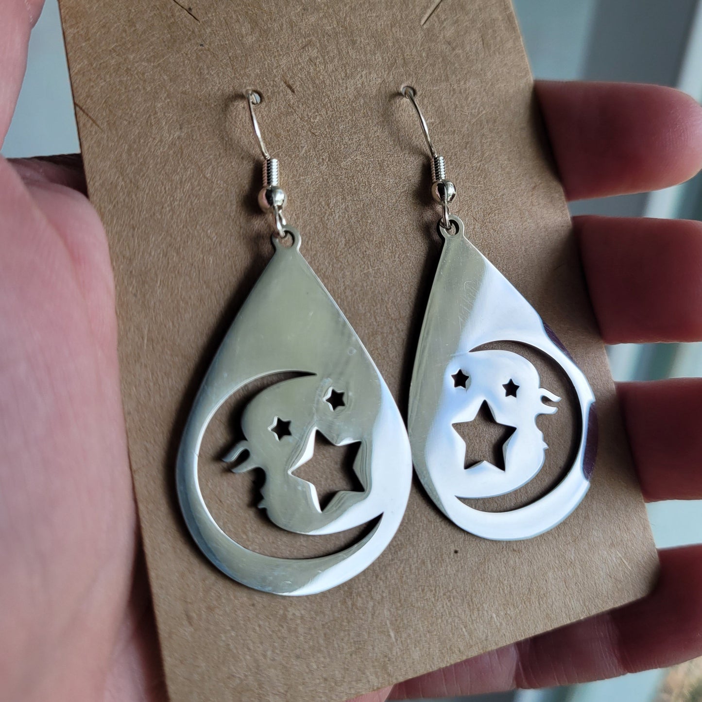 Crescent Moon & Stars Teardrop Earrings