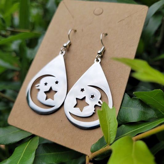 Crescent Moon & Stars Teardrop Earrings