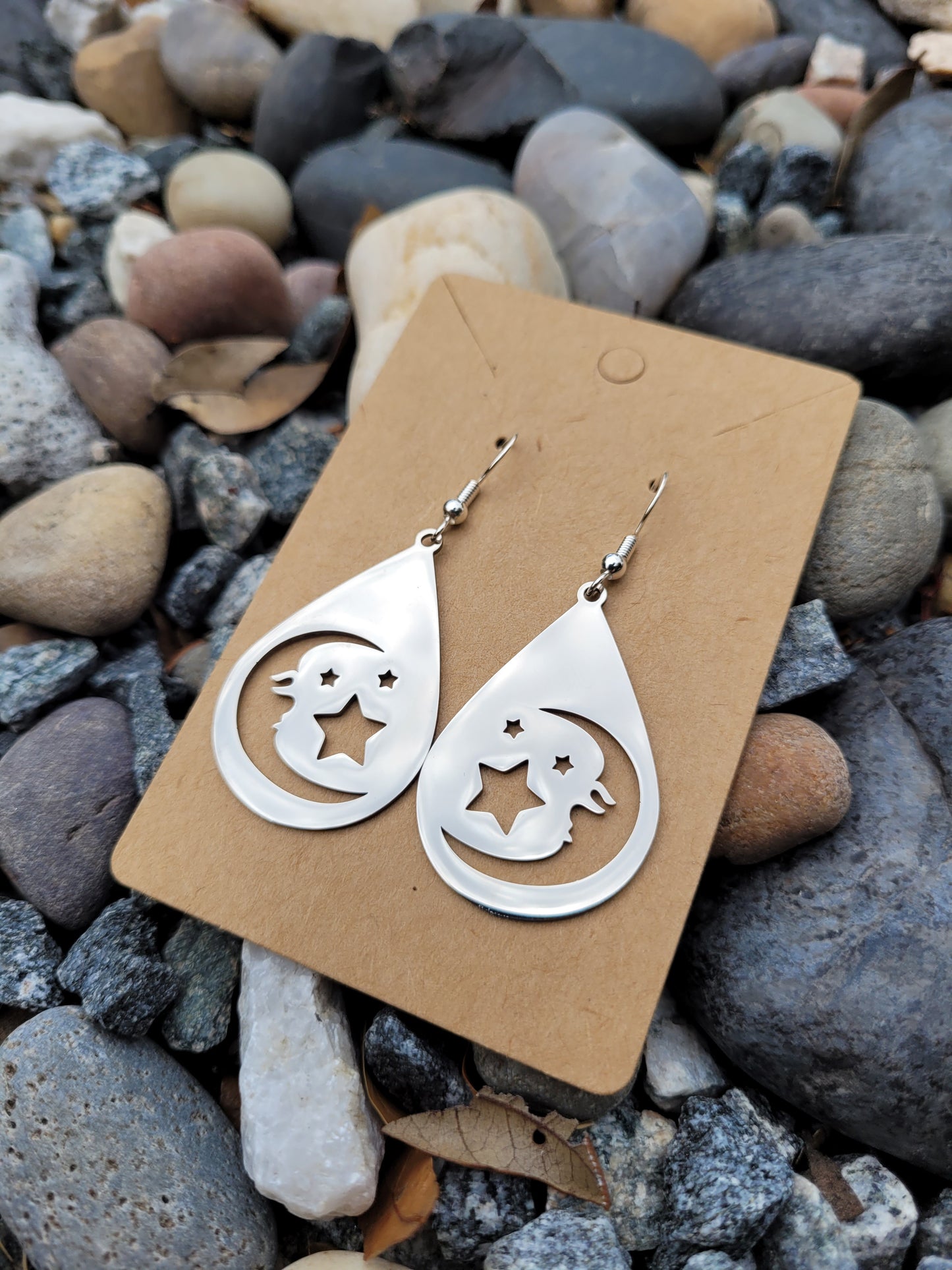 Crescent Moon & Stars Teardrop Earrings