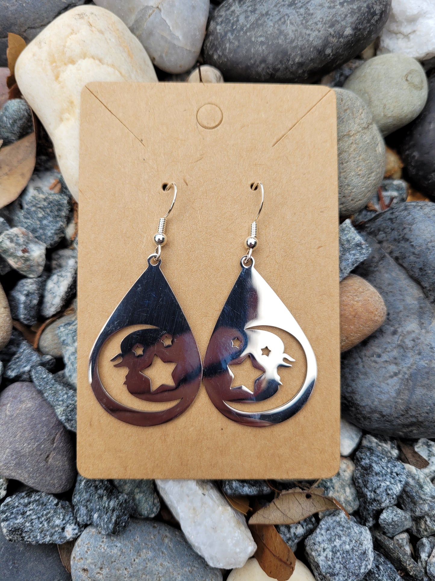 Crescent Moon & Stars Teardrop Earrings