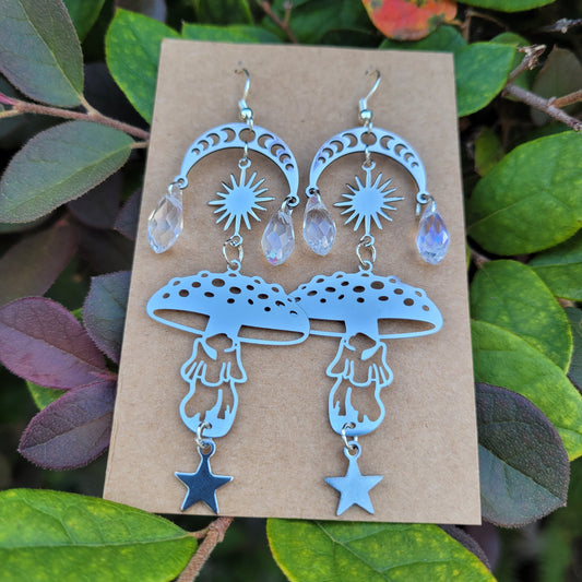 Amanita Muscaria and Stars Chandelier Earrings