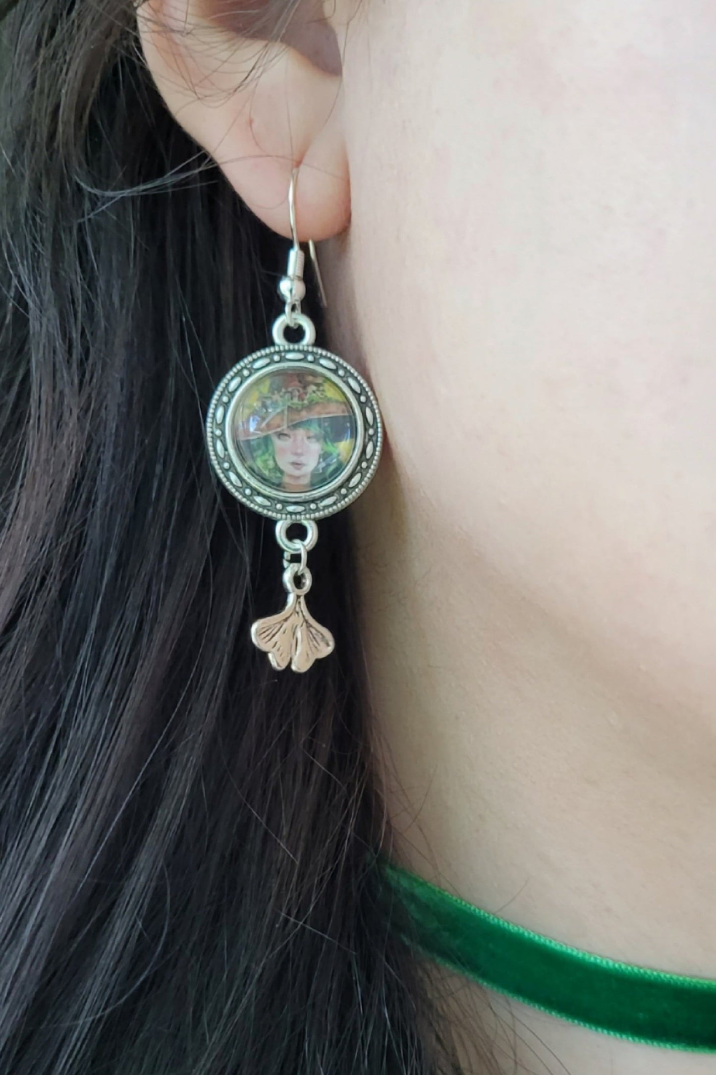 Dangle Kinoko the Mushroom Witch Earrings with Ginkgo Leaf Charms