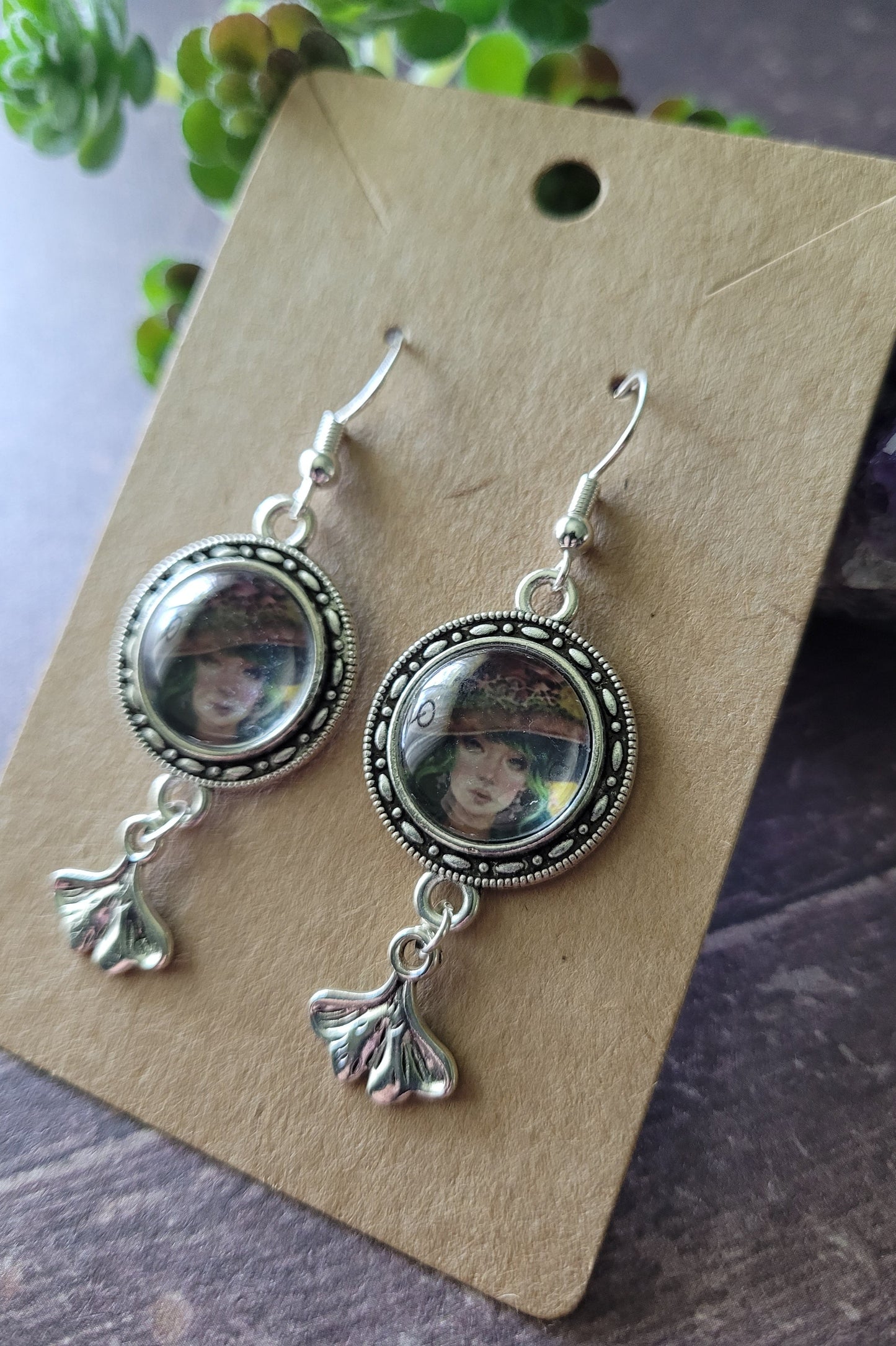 Dangle Kinoko the Mushroom Witch Earrings with Ginkgo Leaf Charms