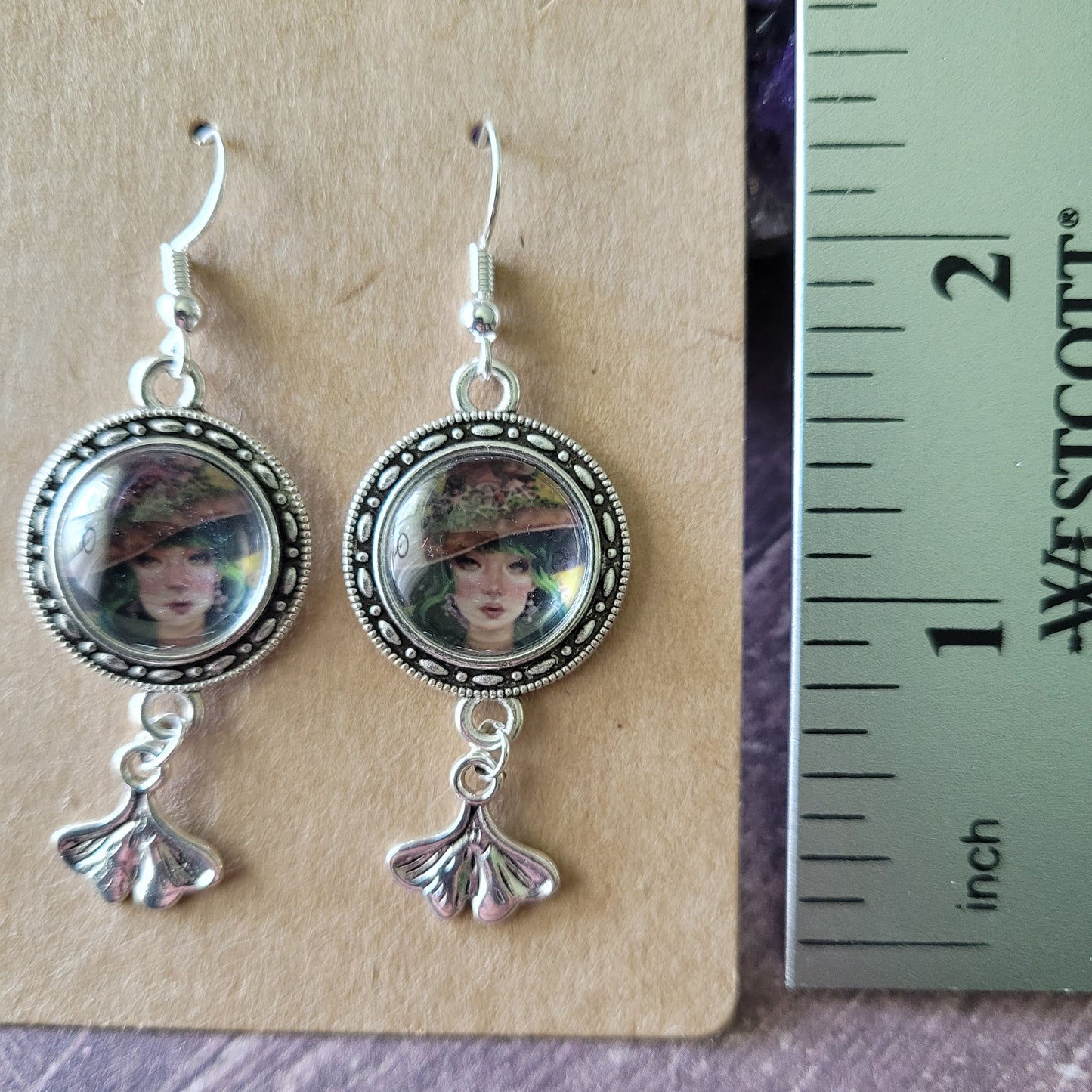 Dangle Kinoko the Mushroom Witch Earrings with Ginkgo Leaf Charms