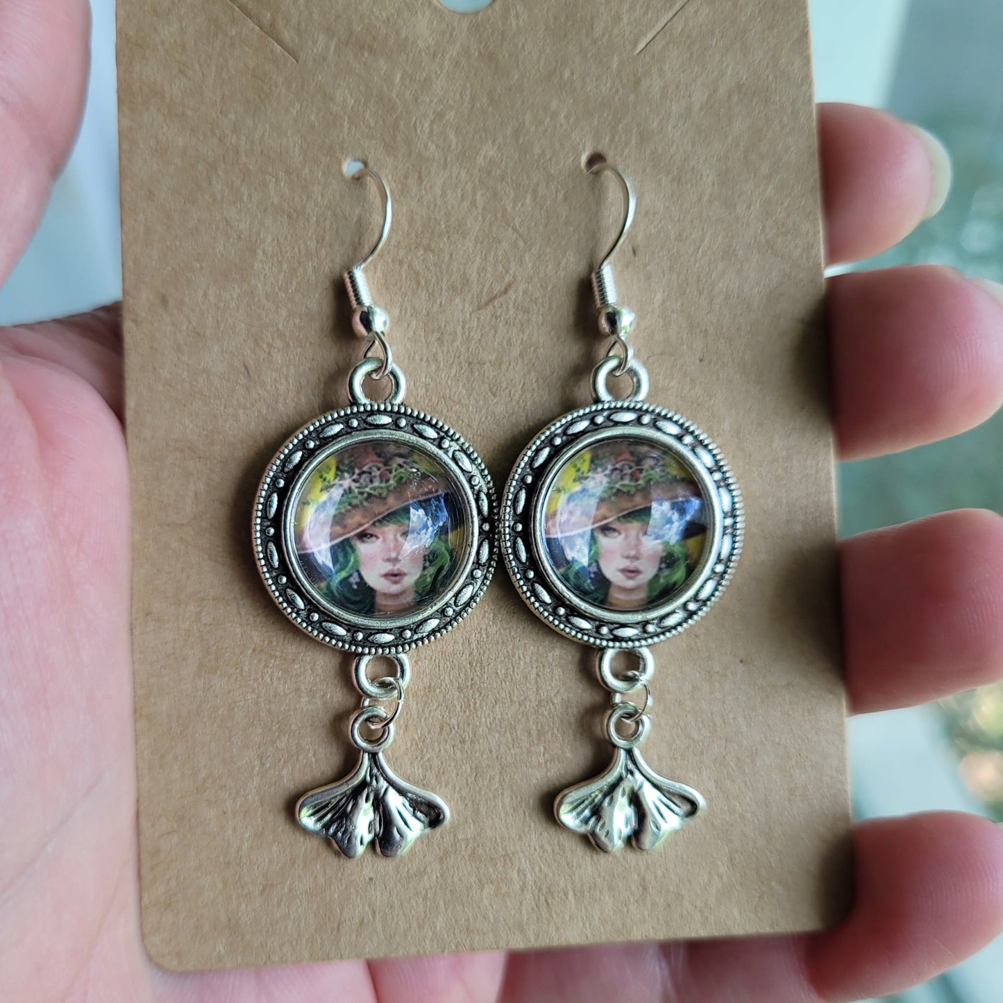 Dangle Kinoko the Mushroom Witch Earrings with Ginkgo Leaf Charms