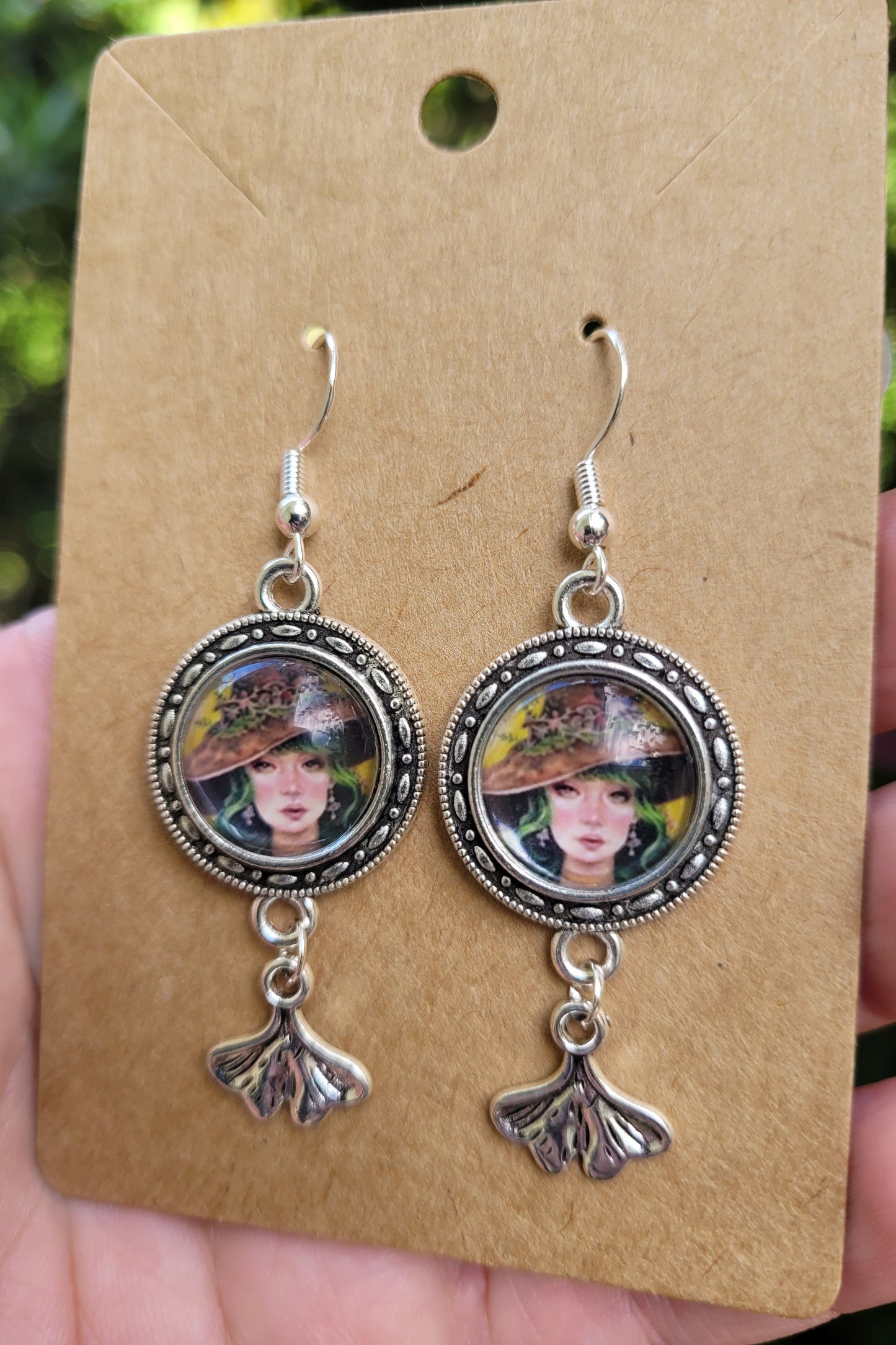 Dangle Kinoko the Mushroom Witch Earrings with Ginkgo Leaf Charms