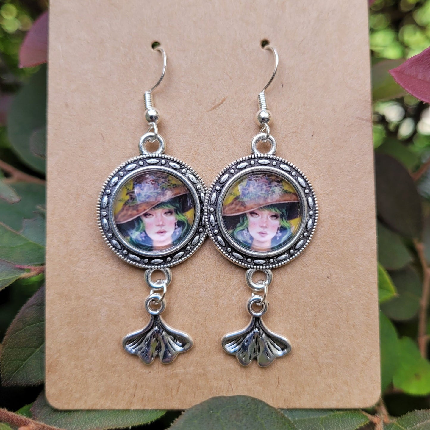 Dangle Kinoko the Mushroom Witch Earrings with Ginkgo Leaf Charms