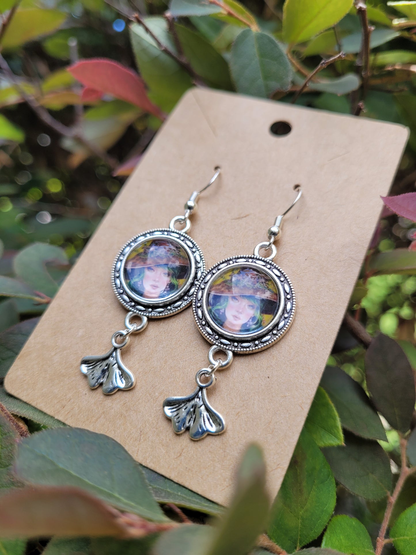 Dangle Kinoko the Mushroom Witch Earrings with Ginkgo Leaf Charms