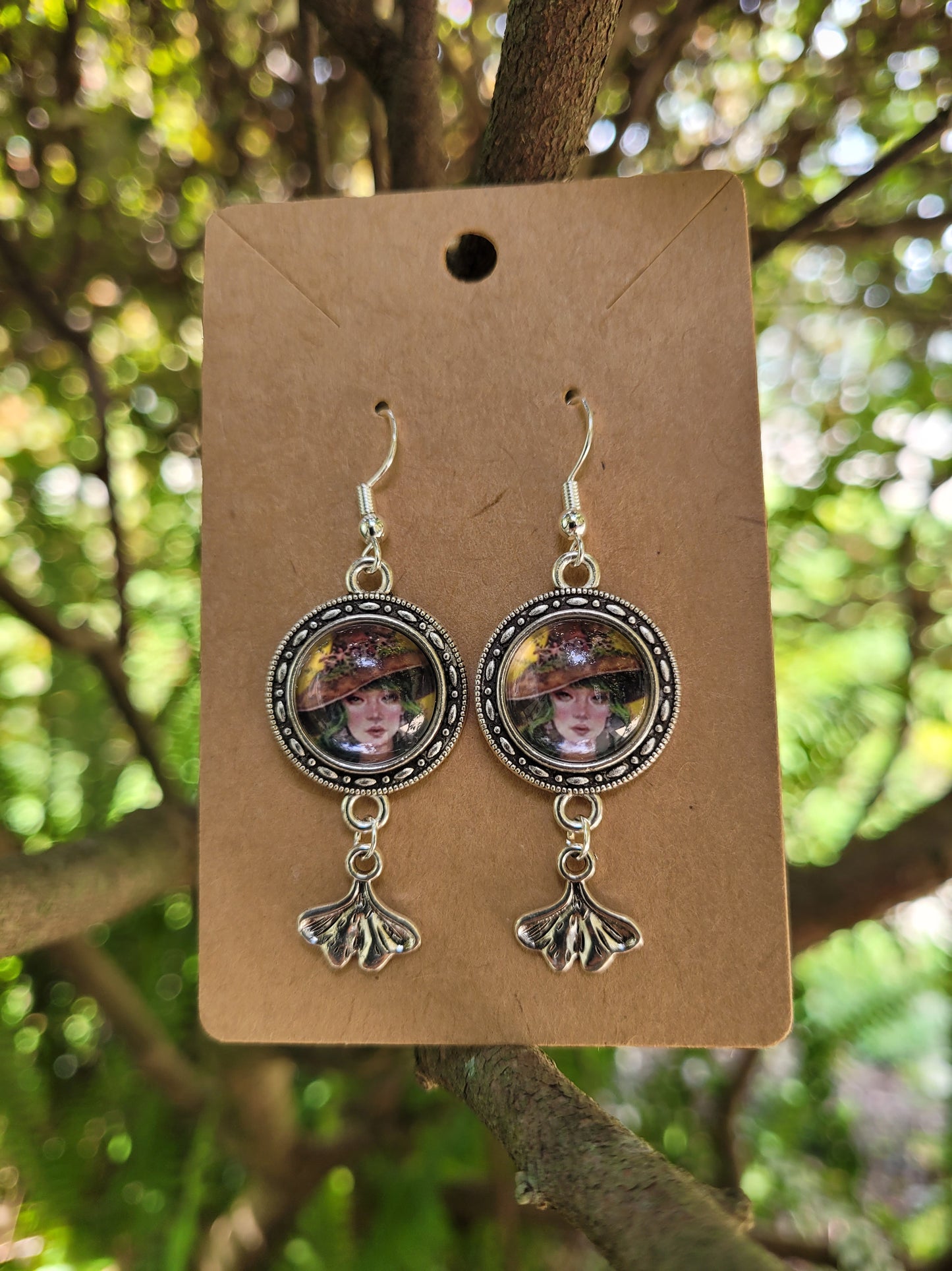 Dangle Kinoko the Mushroom Witch Earrings with Ginkgo Leaf Charms