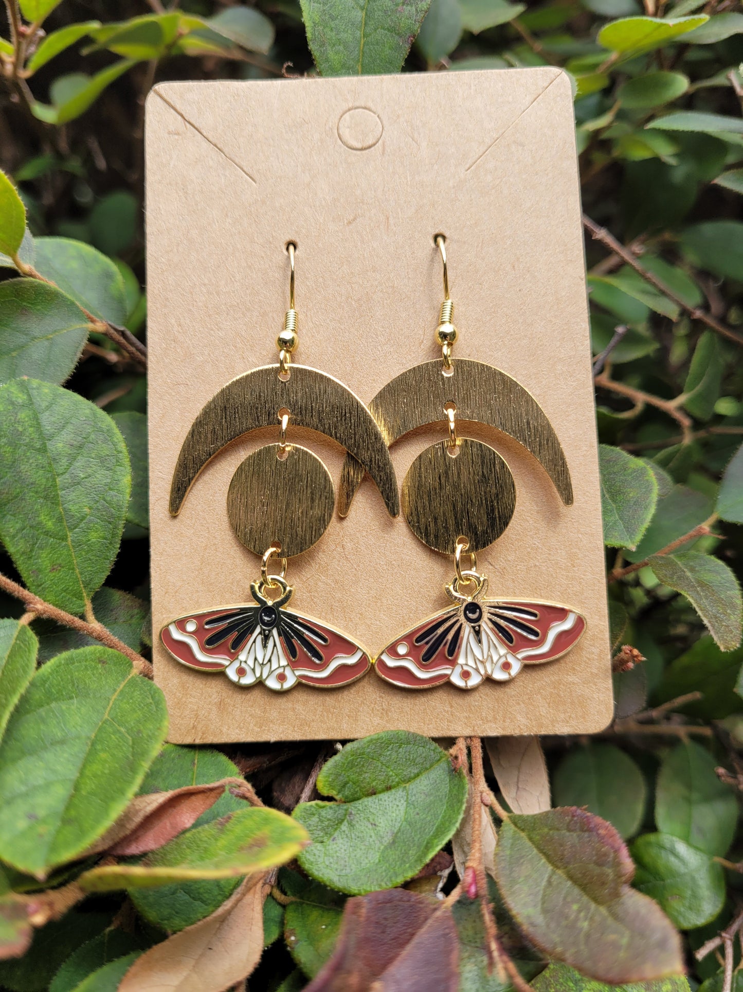 Golden Moon and Brown Moth Earrings