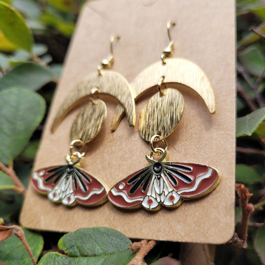 Golden Moon and Brown Moth Earrings