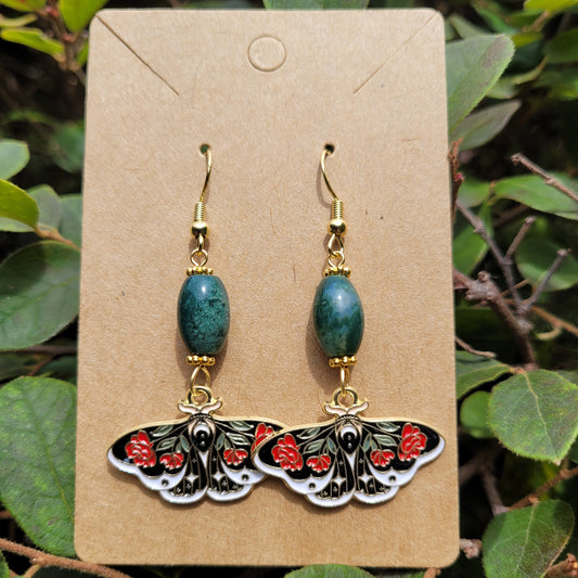 Rose Butterfly with Agate Moss Bead Earrings