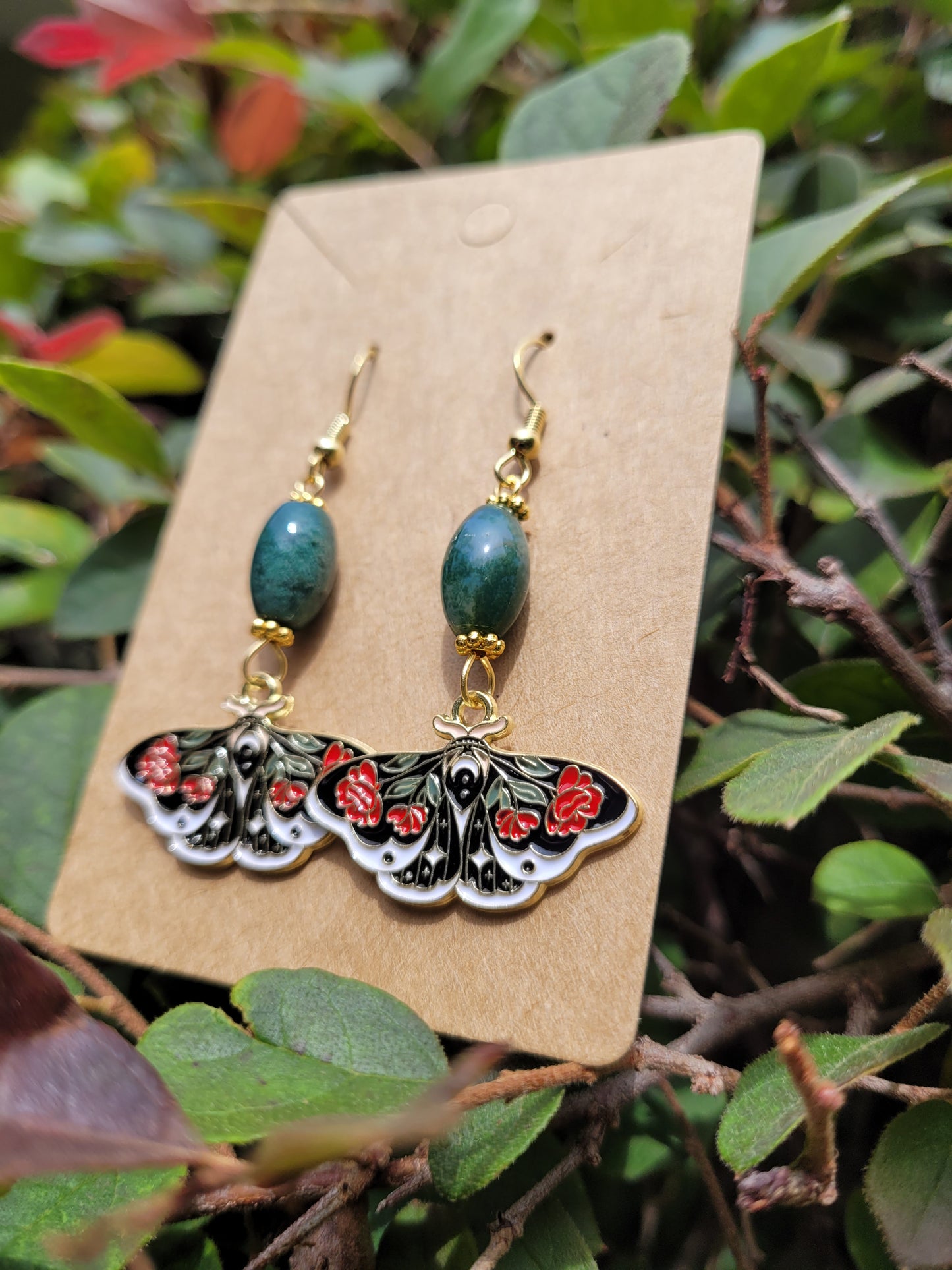 Rose Butterfly with Agate Moss Bead Earrings