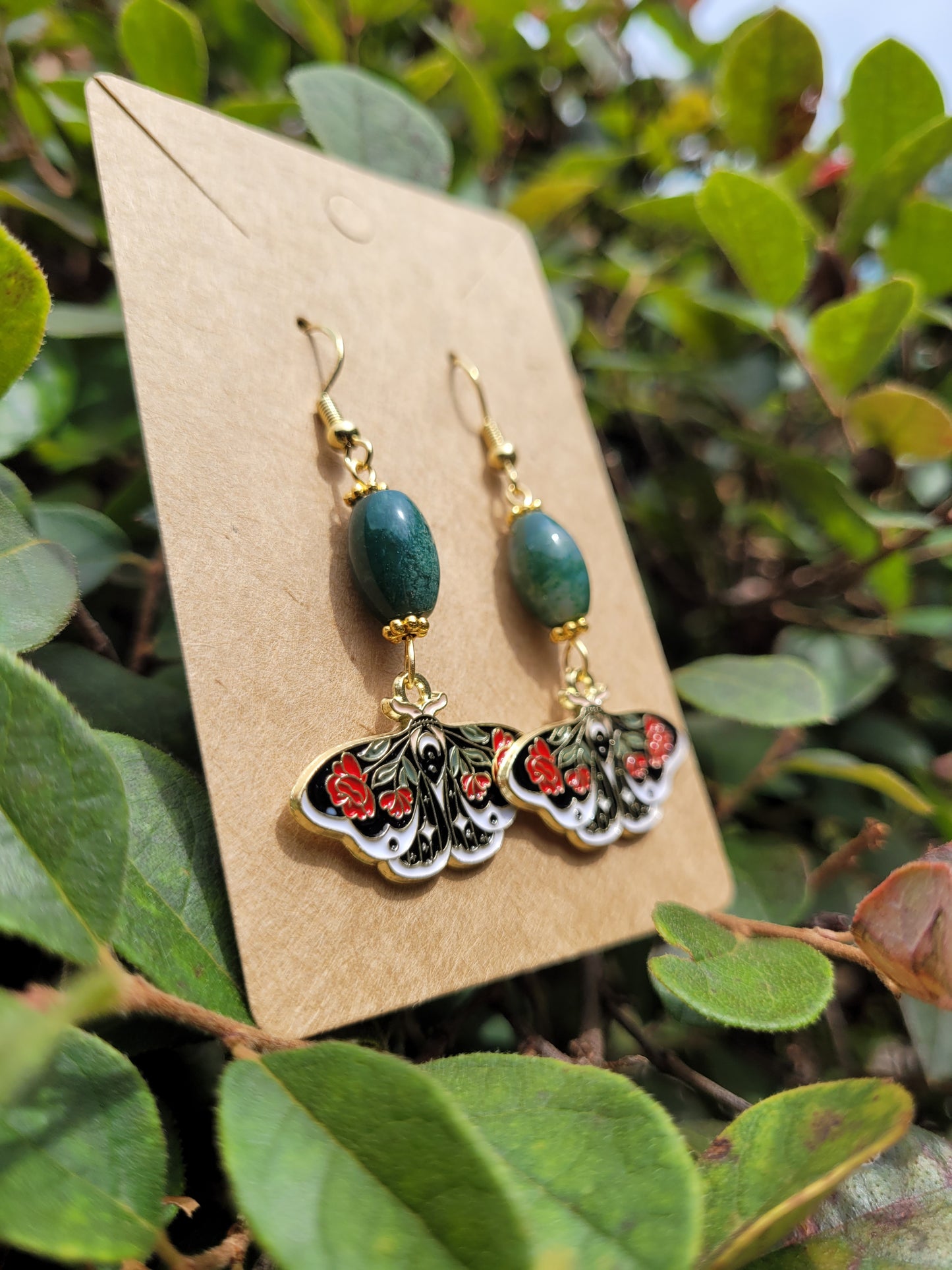 Rose Butterfly with Agate Moss Bead Earrings