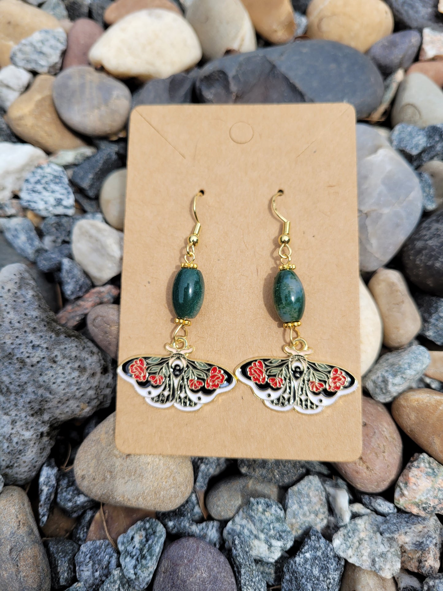 Rose Butterfly with Agate Moss Bead Earrings