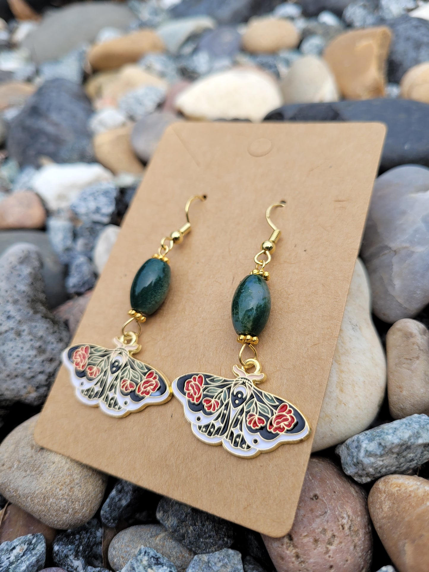 Rose Butterfly with Agate Moss Bead Earrings