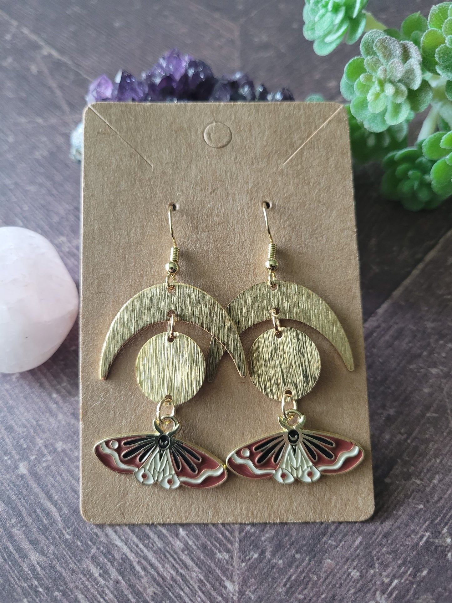 Golden Moon and Brown Moth Earrings