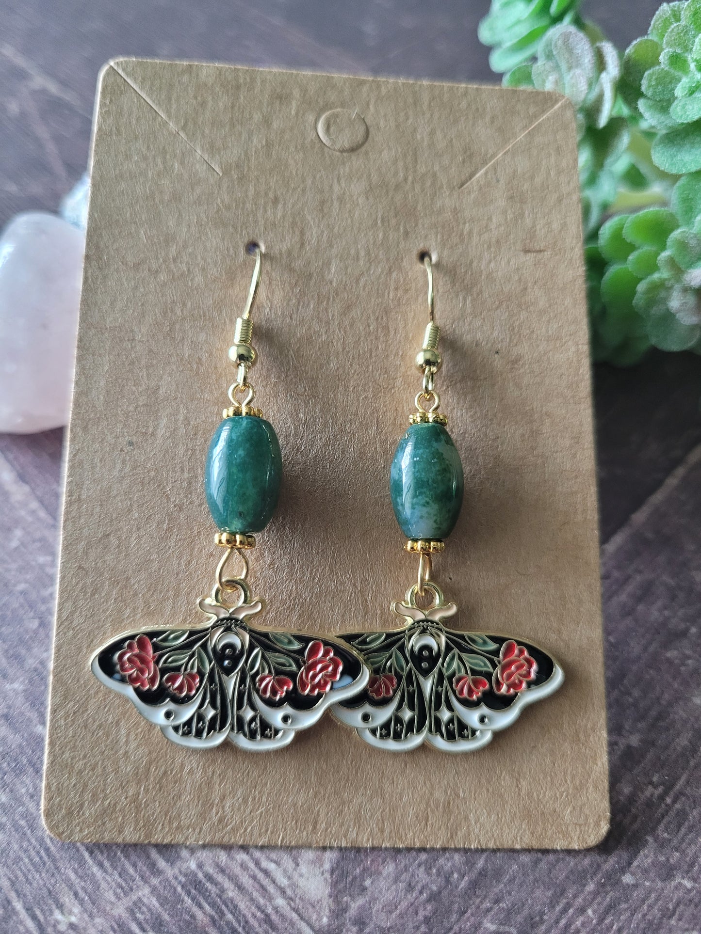 Rose Butterfly with Agate Moss Bead Earrings