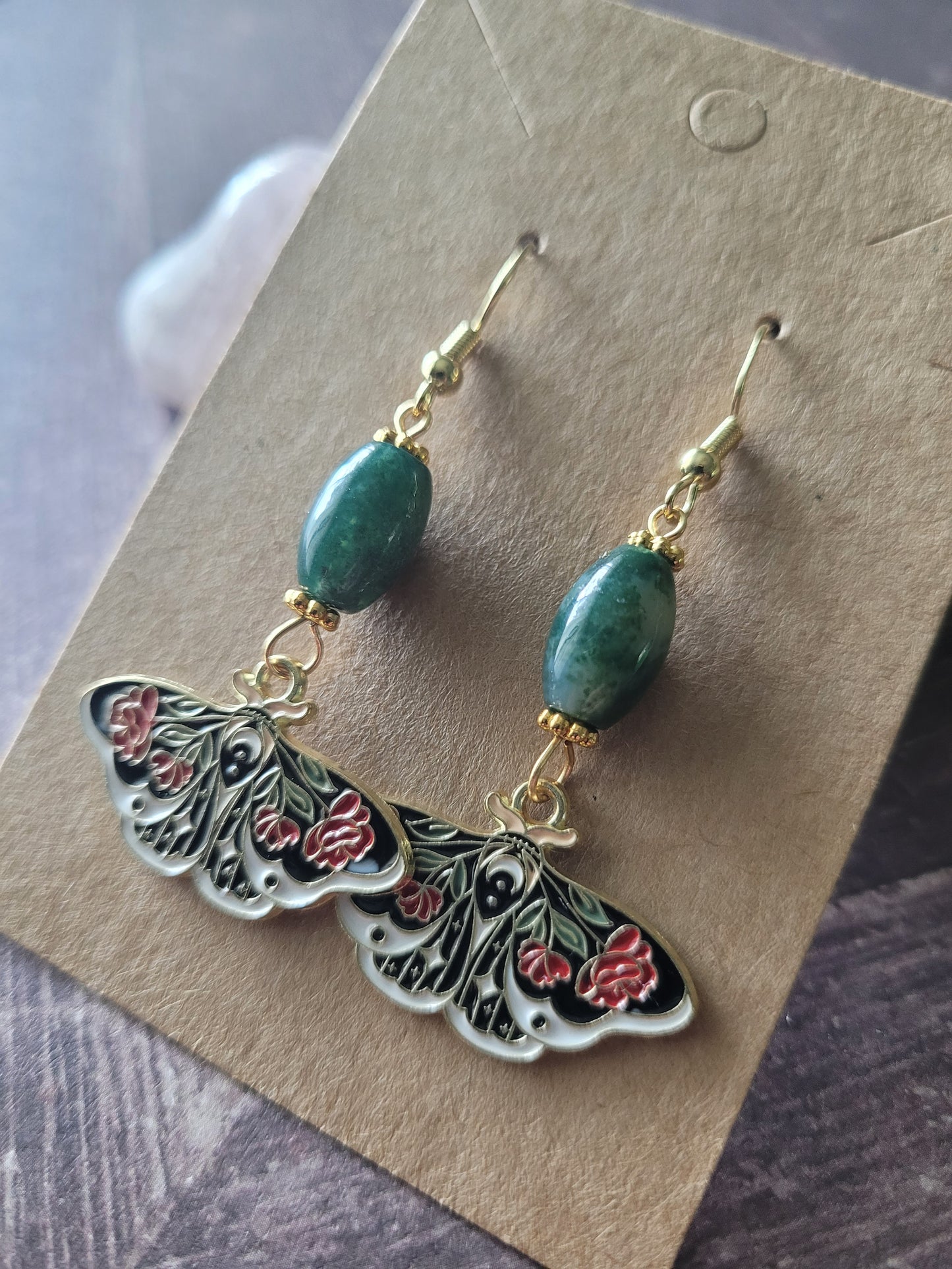 Rose Butterfly with Agate Moss Bead Earrings