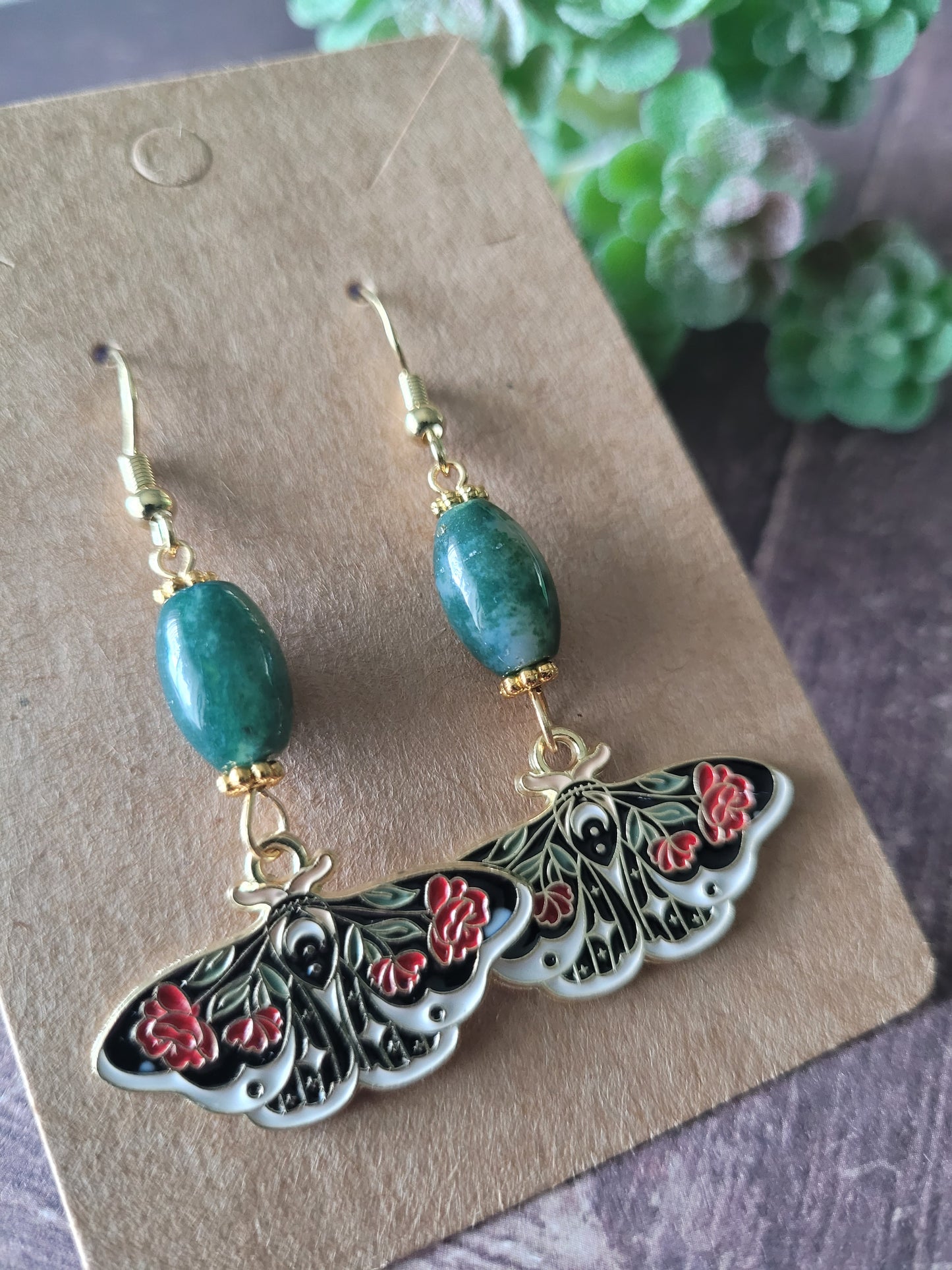 Rose Butterfly with Agate Moss Bead Earrings