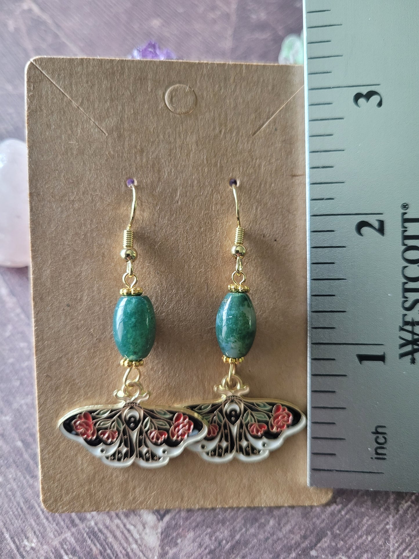 Rose Butterfly with Agate Moss Bead Earrings