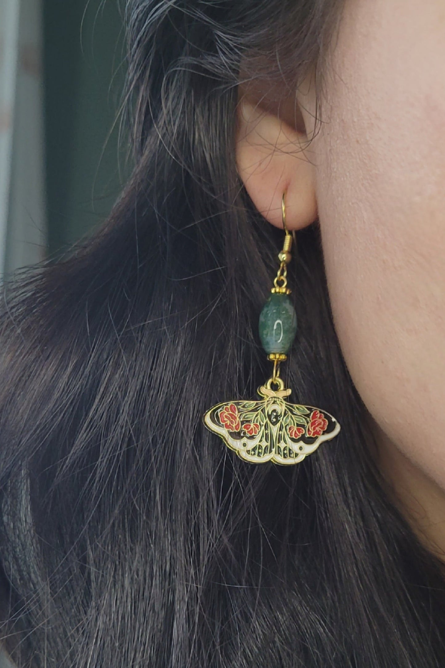 Rose Butterfly with Agate Moss Bead Earrings