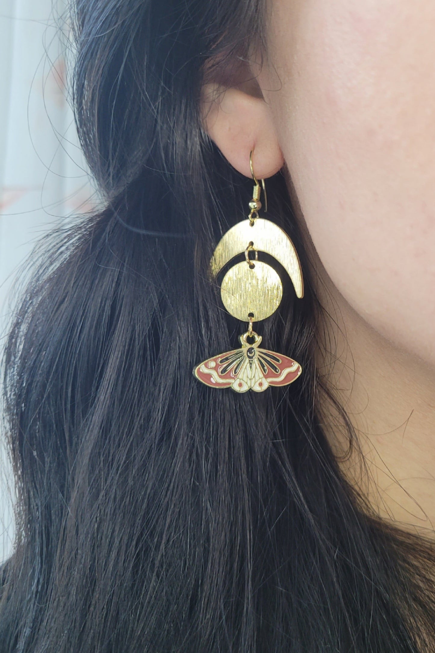 Golden Moon and Brown Moth Earrings