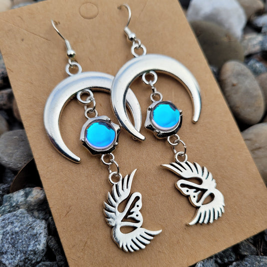 Swans and Crescent Moon Earrings