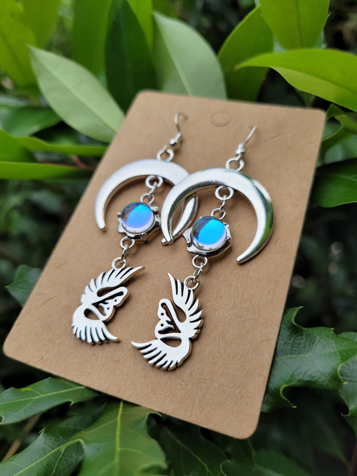 Swans and Crescent Moon Earrings