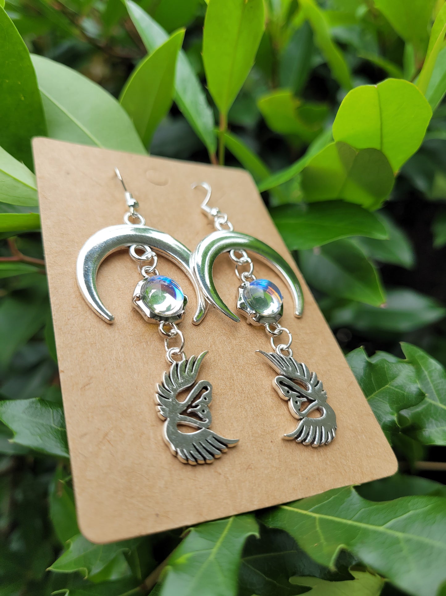 Swans and Crescent Moon Earrings