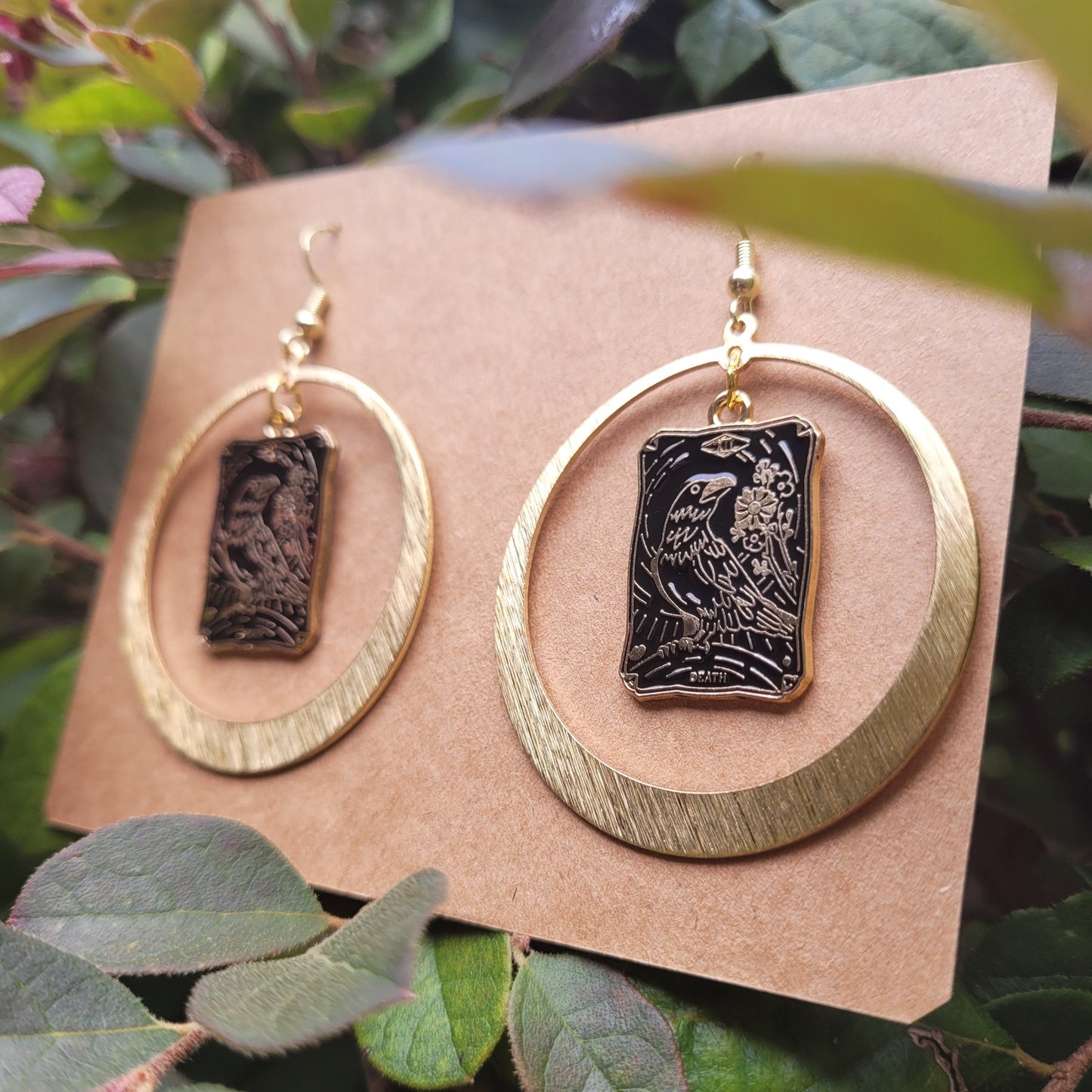 Raven Tarot Card Earrings in Brass Circles