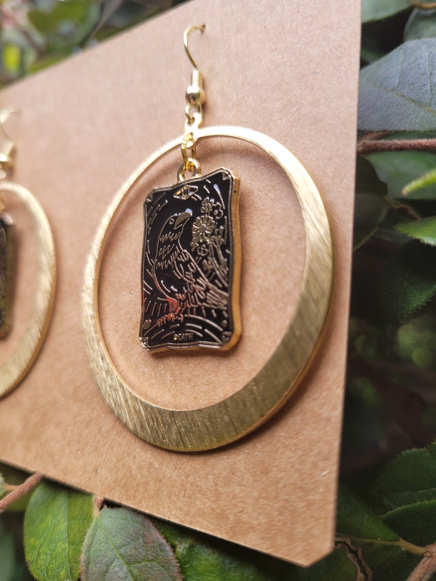 Raven Tarot Card Earrings in Brass Circles