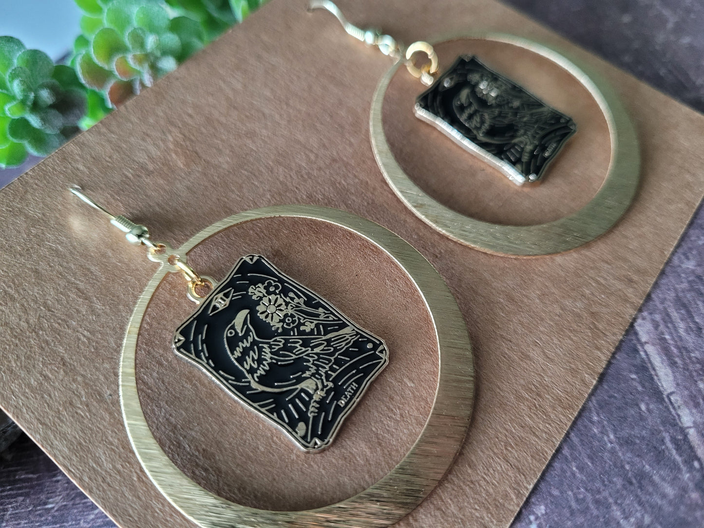 Raven Tarot Card Earrings in Brass Circles