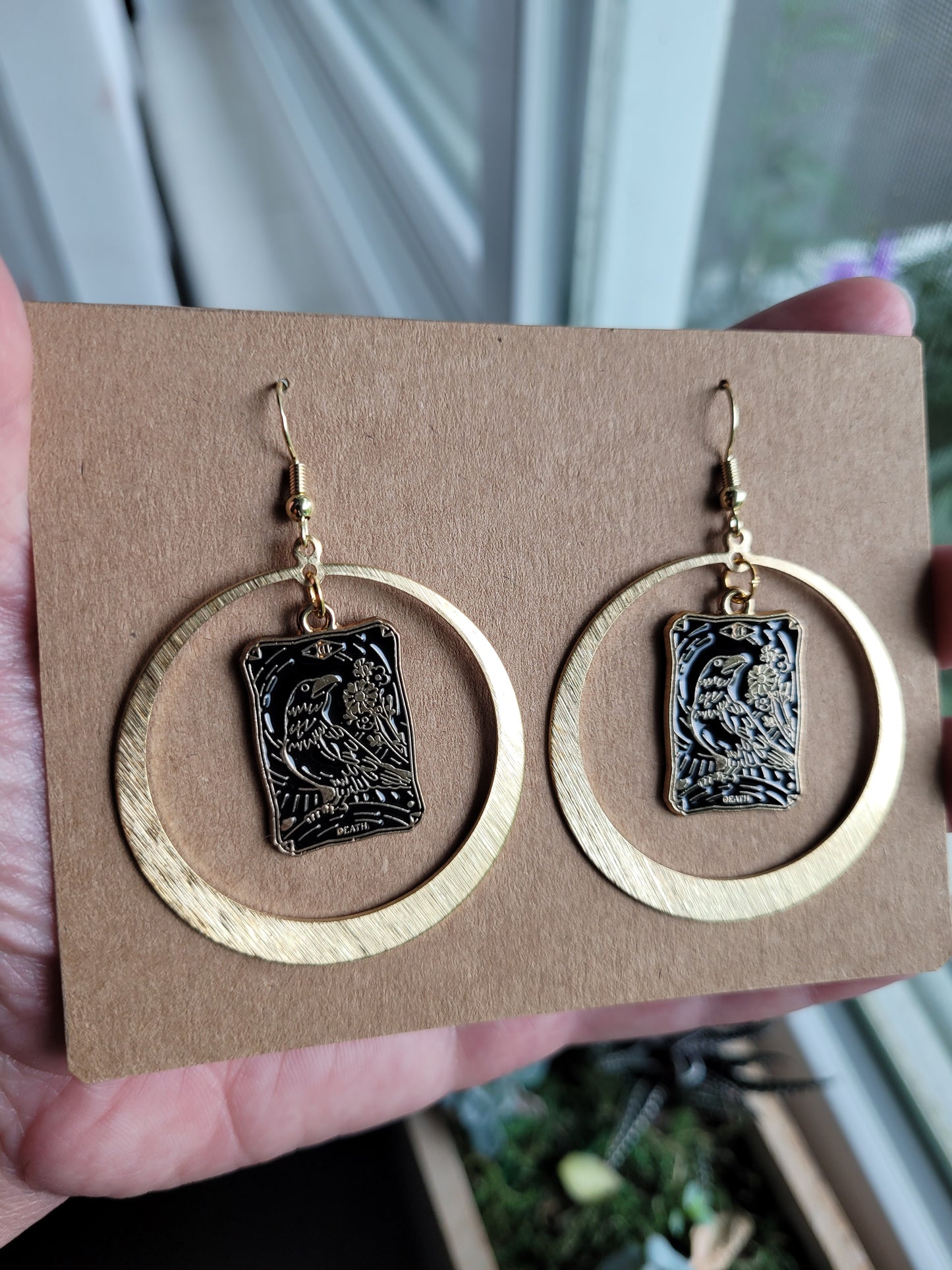 Raven Tarot Card Earrings in Brass Circles