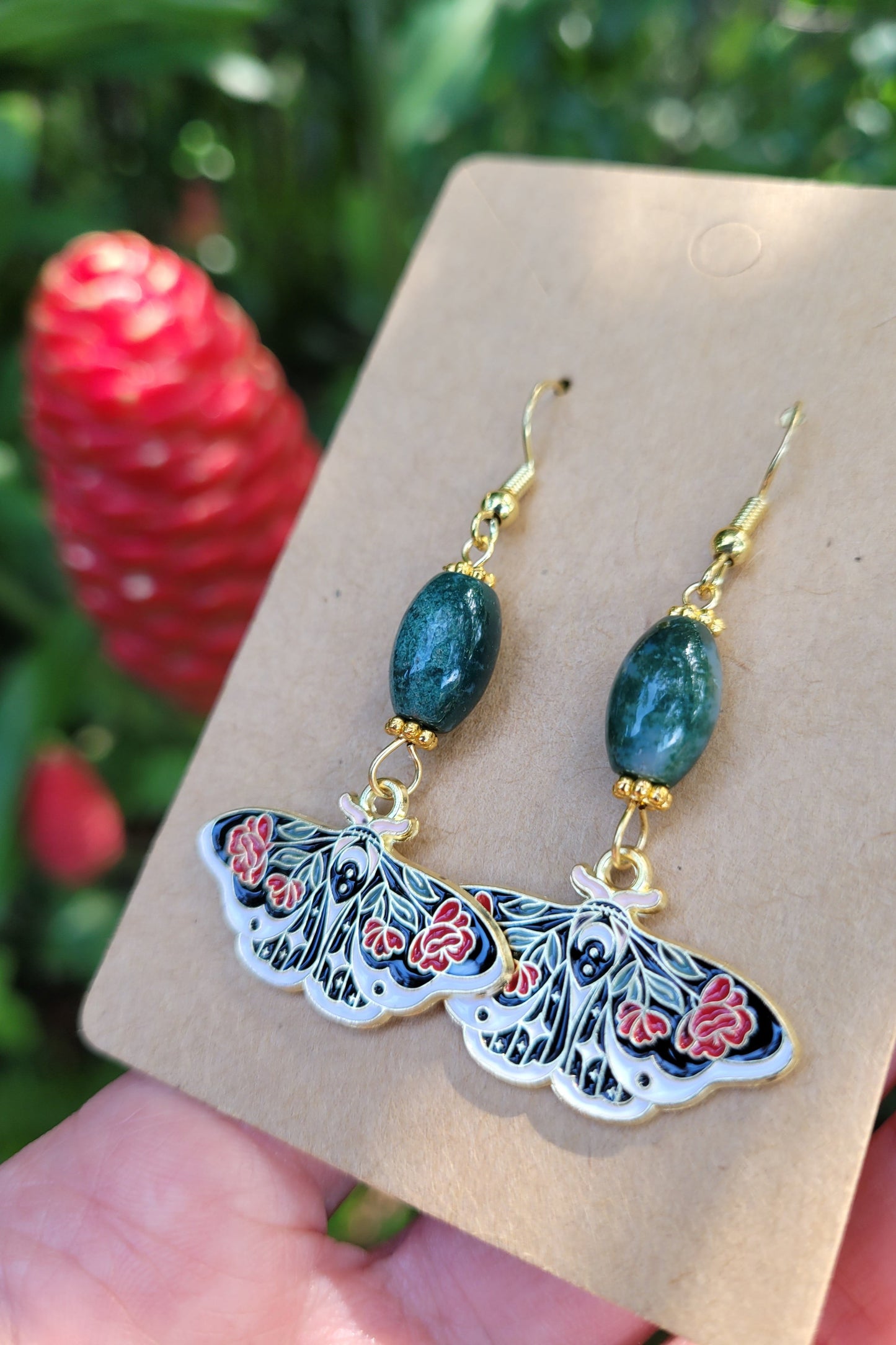 Rose Butterfly with Agate Moss Bead Earrings