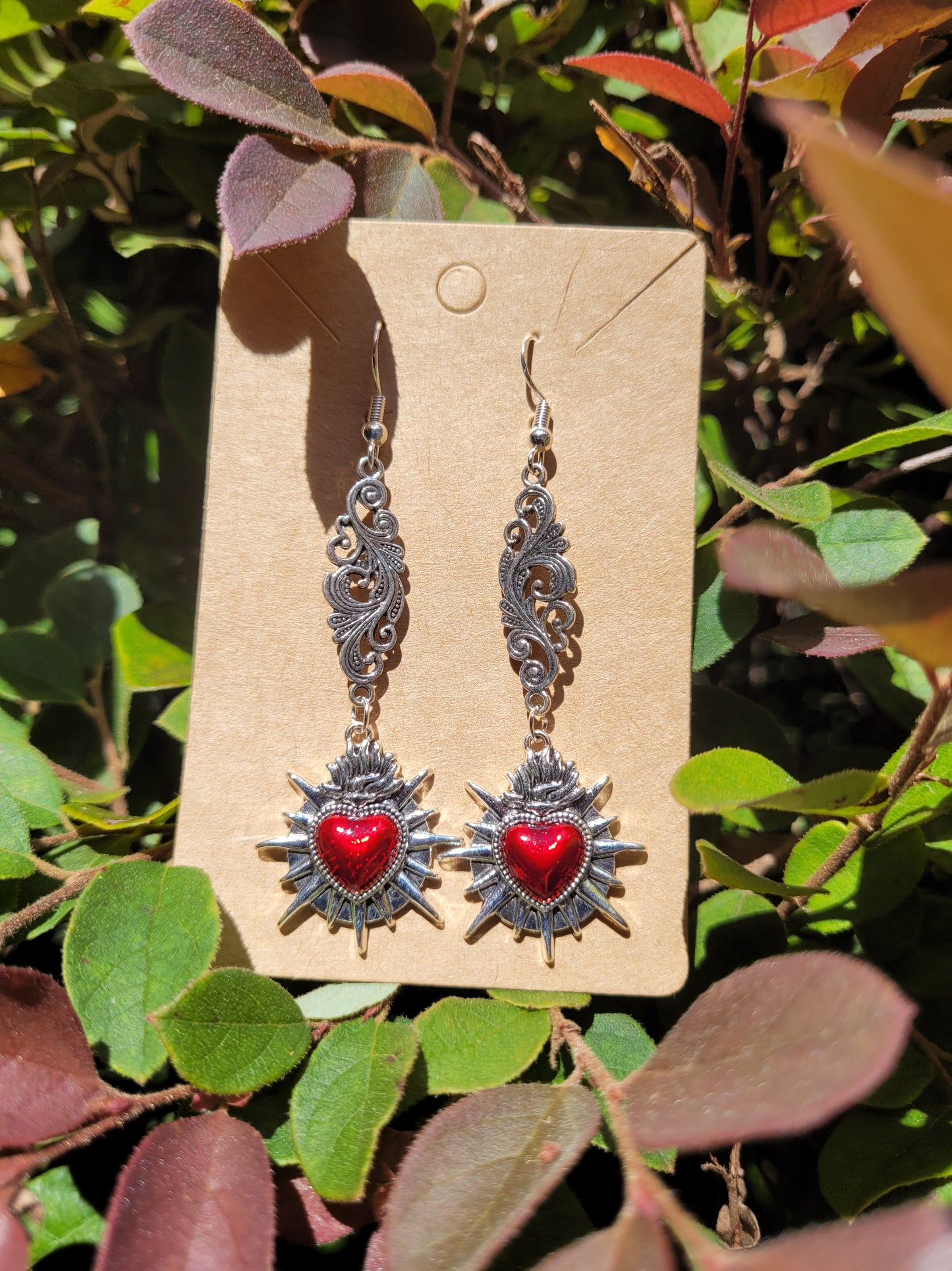 Red Sacred Heart and Filigree Earrings