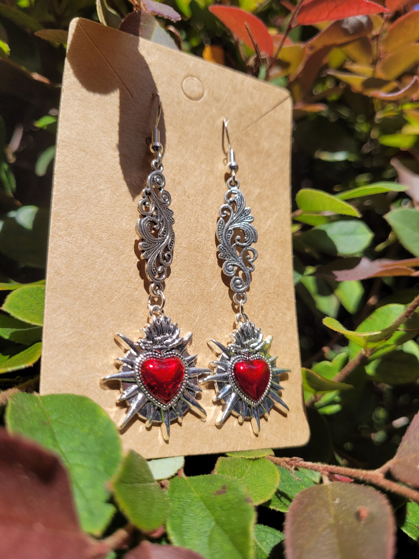 Red Sacred Heart and Filigree Earrings