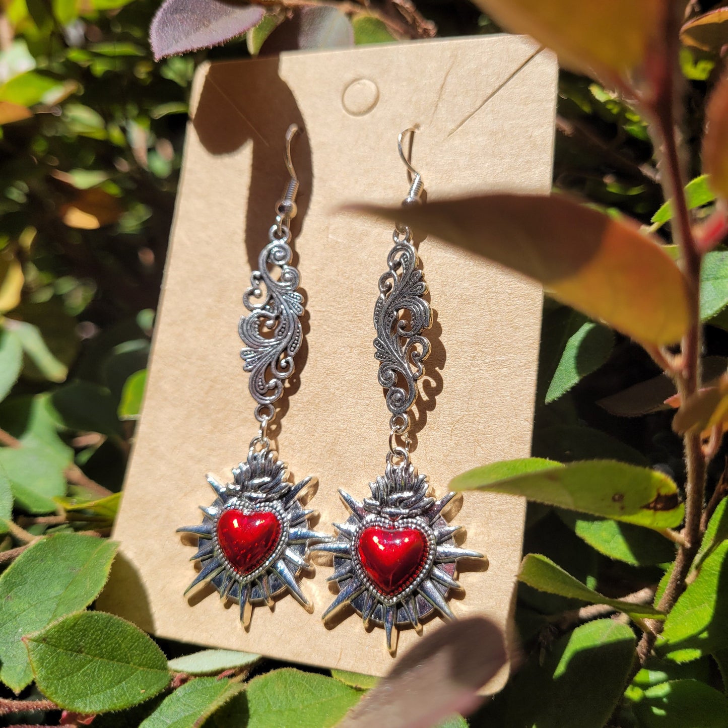 Red Sacred Heart and Filigree Earrings