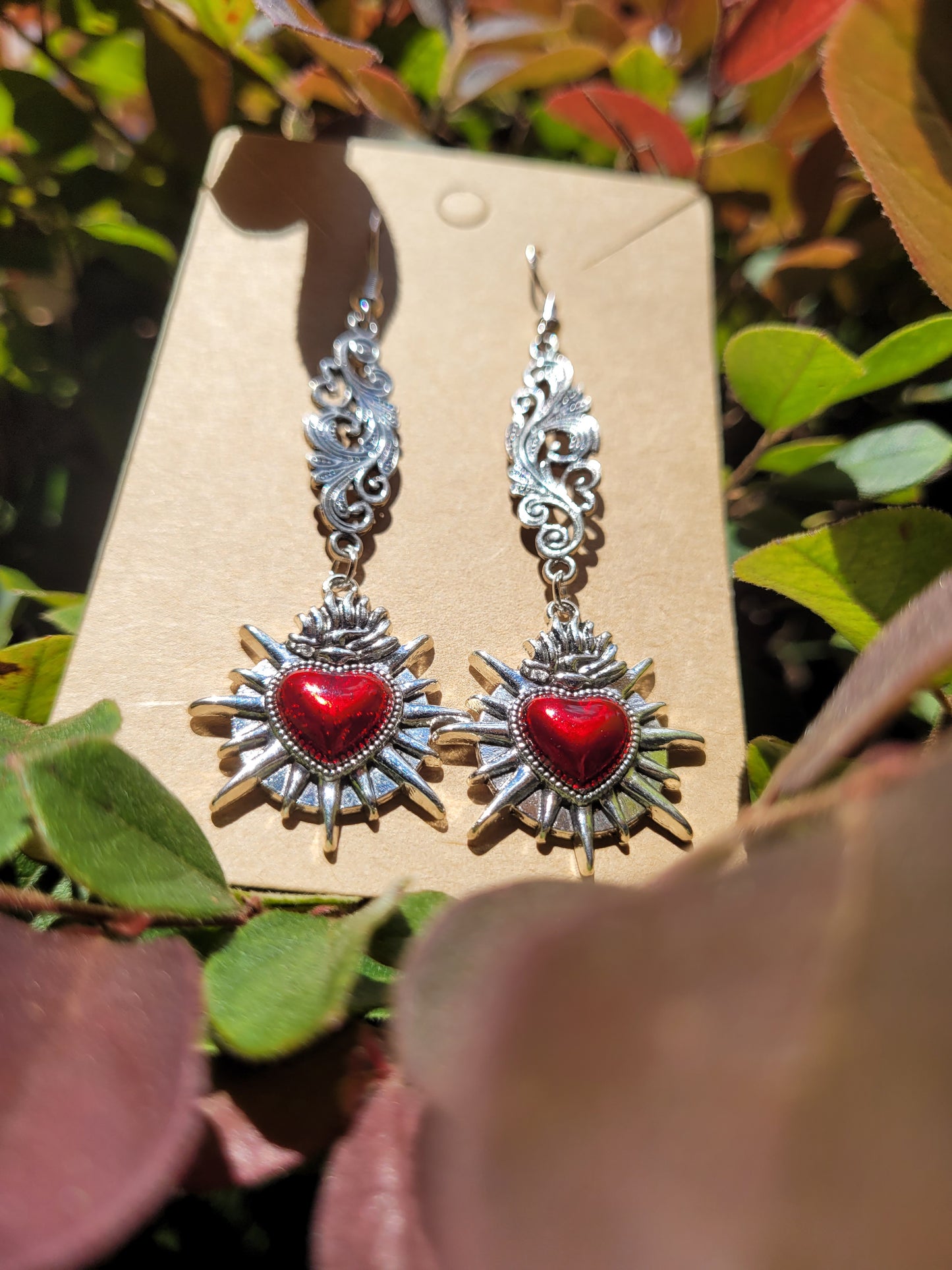 Red Sacred Heart and Filigree Earrings