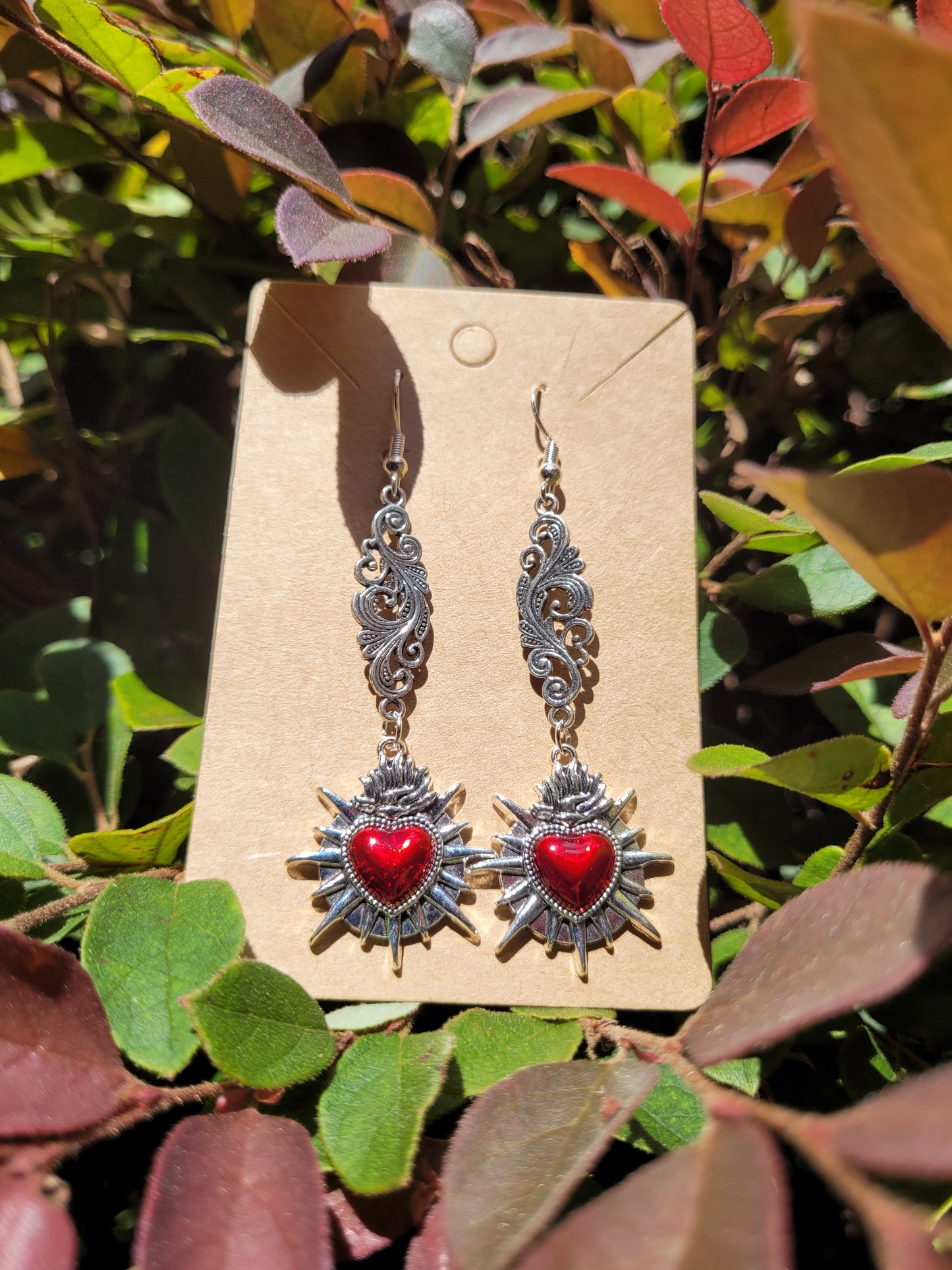 Red Sacred Heart and Filigree Earrings