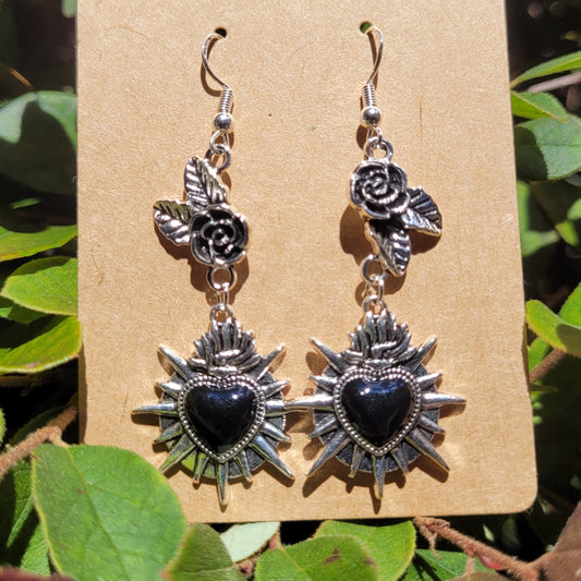 Black Sacred Heart and Roses Earrings