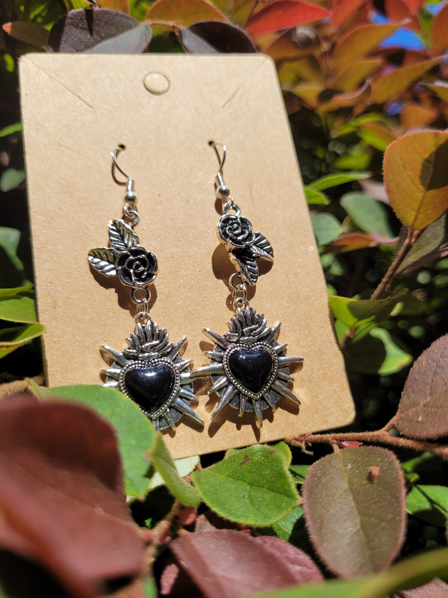 Black Sacred Heart and Roses Earrings