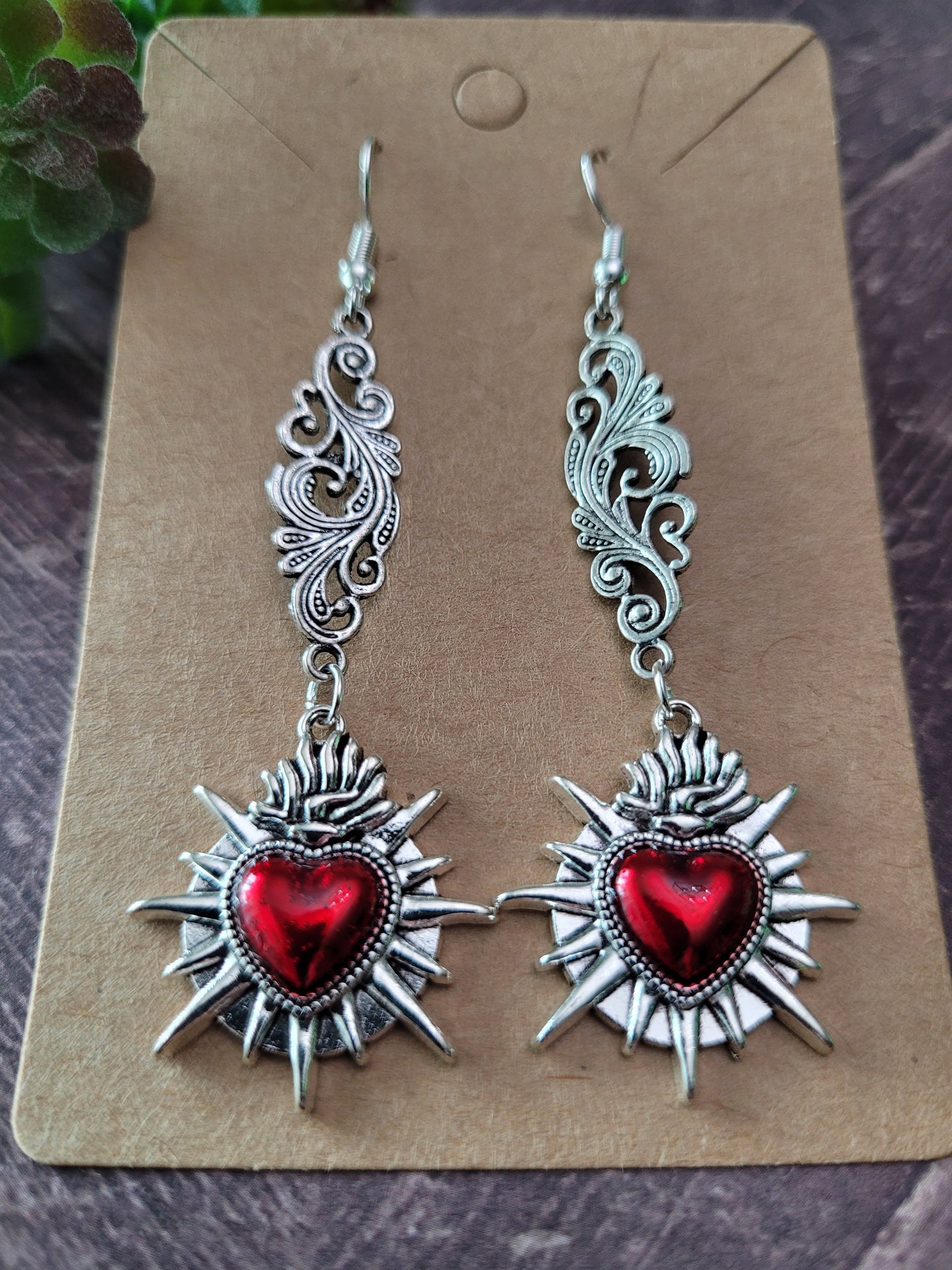 Red Sacred Heart and Filigree Earrings