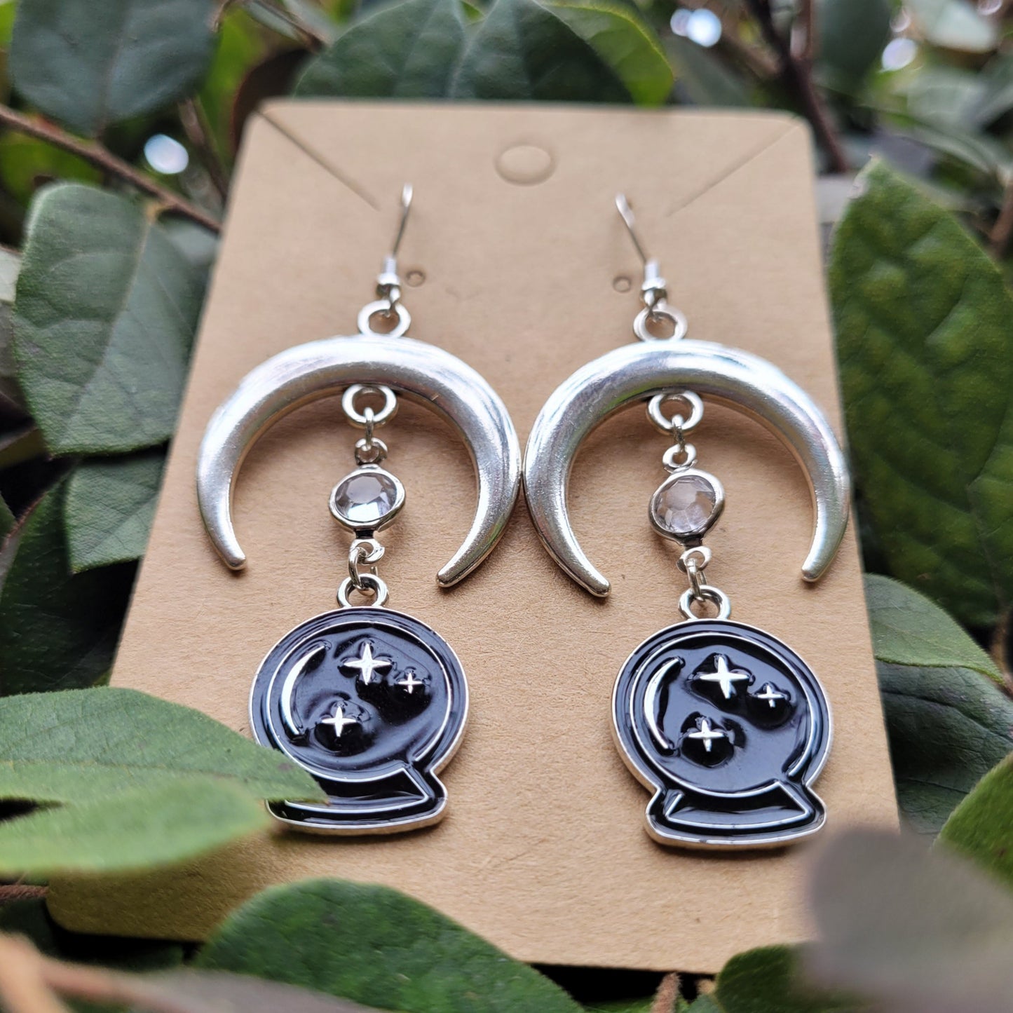 Crystal Ball and Crescent Moon Earrings